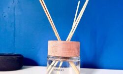 A short cylindrical clear glass jar full of some pale golden yellow liquid with a light wooden bamboo lid and a white label that has Aldi Scentcerity Sun Ripened Mango Reed Diffuser written in bold black writing on it and some light wooden reeds coming out of the top of it on a light wooden table.