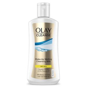 A tall rectangular bright yellow plastic bottle with a clear plastic lid that has Olay Cleanse Make-Up Melting Cleansing Milk written in bold black writing on it, on a white background.