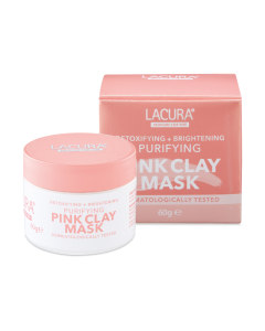 Who Knew That You Could Find Pink Clay At The Supermarket? | Aldi Lacura Pink Clay Mask A short cylindrical bright white glass jar with a metallic pink lid that has Aldi Lacura Pink Clay Mask written in bright pink writing on it next to a pale pink cardboard box that has Aldi Lacura Pink Clay Mask written in bold white writing on it, on a white background.
