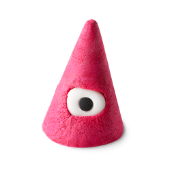 Fairytales Are Real | Lush Unicorn Horn Bubble Bar and Prince Charming Shower Cream A tall dark pink cone shaped bubble bar that has a bright white Candy eye with a black pupil engraved on it, on a white background.