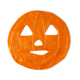 A large bright orange Jack-O[-Lantern shaped block of shower jelly that has some eye holes, a nose hole, and a mouth hole cut out of it, on a white background.