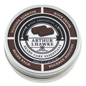 A short cylindrical white metallic tin with a gradient black and white metallic lid and a white label that has Arthur J Hawke Chocolate Bourbon Beard Balm written in bold black writing and a picture of a black hawk on it, on a white background.
