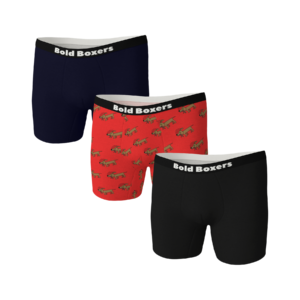 A pair of folded up black boxers with a black waistband that has Bold Boxers written in bold white writing on it next to a pair of folded up navy boxers that has Bold Boxers written in bold white writing on it, and a pair of bright red boxers with a black waistband that has Bold Boxers written in bold white writing on it, on a white background.