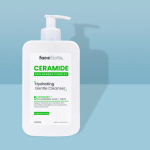 A tall rectangular white plastic bottle with a white plastic pump lid and a white label that has Face Facts Ceramide Hydrating Gentle Cleanser written in bold black writing on it, on a white background.
