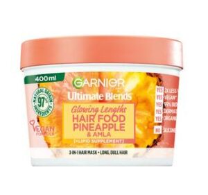 A short cylindrical white plastic tub with a bright green lid and a bright green label that has Garnier Ultimate Blends Hair Food Pineapple & Amla 3-in-1 Hair Treatment Mask written in bold black writing and a picture of a Pineapple on it, on a white background.