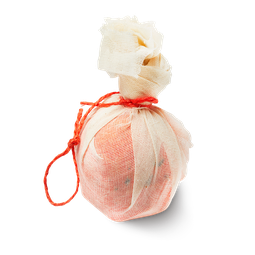 A large dark orange rounded hexagonal bath bomb wrapped inside some white muslin cloth and tied with some dark orange twine, on a white background.