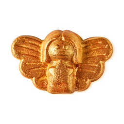 A large bright gold angel shaped bubble bar that has some gold lustre all over it, on a white background.