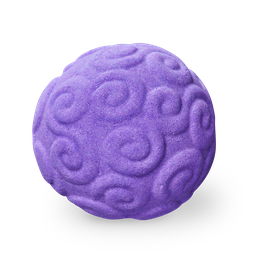A large dark purple spherical shaped bath bomb that has some light purple swirls engraved on it, on a white background.