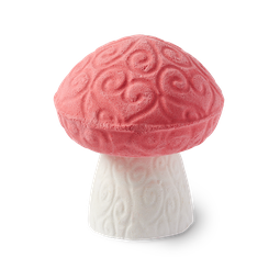 A large bright white mushroom shaped bath bomb that has a bright white stalk and a bright pink cap, on a white background.