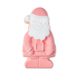 A large bright red Santa shaped bath bomb that has a white beard and a bright red Santas Hat engraved on it, on a white background.