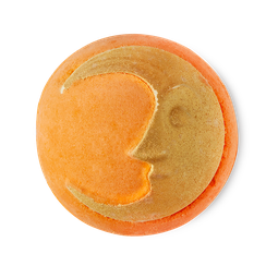 A large light red rounded hexagonal shaped Bath Bomb that has a gold crescent moon and some gold stars engraved on the top of it, on a white background.