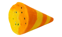 A large bright orange and yellow conical party popper shaped bubble bar that has some bright red stars engraved on the bottom of it, on a white background.