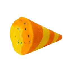 Let's Have A Christmas Party | Lush Christmas 2022 Range | Bath Bombs & Bubble Bars A large bright orange and yellow conical party popper shaped bubble bar that has some bright red stars engraved on the bottom of it, on a white background.
