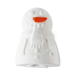 A small bright white finger puppet shaped bath bomb that has some eyes, a nose, and a bright red mouth embedded on it, on a white background.