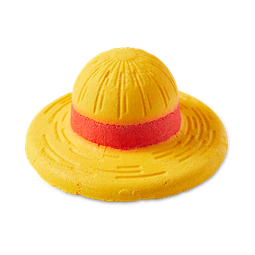 The Straw Hats Will Not Meet After 3 Days But Two Years | Lush X One Piece Range | Gifted A large bright yellow straw hat shaped bubble bar that has a bright red brim, on a white background.