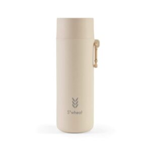 A tall cylindrical bright white plastic water bottle with a bright white plastic handle that has S’wheat written in bright blue writing on it, on a white background.