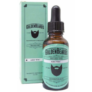 A short cylindrical brown glass bottle with a black rubber pipette lid and a bright green label that has Golden Beards Artic Beard Oil written in bold black writing and a picture of a Beard on it, on a white background.