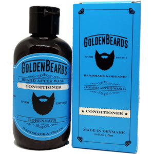 A short cylindrical black plastic bottle with a black plastic lid and a bright blue label that has Golden Beards Beard Conditioner written in bold black writing and a picture of a beard on it, on a white background.
