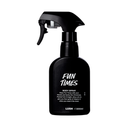 Luke's Up For Some Fun Times This Christmas | Lush Christmas 2022 Range | Body Spray, Lip Care, Perfume & Soap A tall black plastic kitchen spray bottle that has Lush Fun Times Body Spray written in bold white writing on it, on a white background.