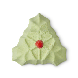 A small light green holly leaf shaped shower bomb, on a white background.