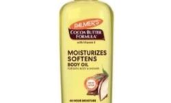 A tall rounded rectangular clear plastic bottle full of some pale yellow liquid with a white plastic lid that has Palmer’s Cocoa Butter Formula Moisturising Body Oil written in dark brown writing and a picture of a cocoa bean on it, on a white background.