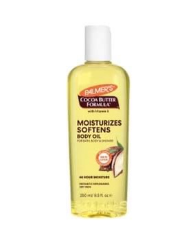 A tall rounded rectangular clear plastic bottle full of some pale yellow liquid with a white plastic lid that has Palmer’s Cocoa Butter Formula Moisturising Body Oil written in dark brown writing and a picture of a cocoa bean on it, on a white background.