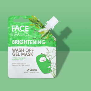A tall rectangular gradient green and white plastic pouch with a white plastic lid that has Face Facts Brightening Green Tea Jelly Wash-Off Face Mask written in bold black writing and a picture of a bright green Face Mask on it, on a white background.