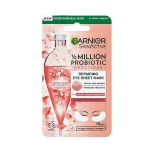 A long thin rectangular bright pink plastic pouch that has Garnier written in dark green writing, SkinActive Probiotic Derived Fractions Eye Sheet Mask written in bold black writing, and a picture of a teardrop shaped glass bottle on it, on a white background.