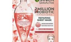 A tall rectangular bright pink plastic pouch that has Garnier written in dark green writing, SkinActive Probiotic Derived Fractions Sheet Mask written in bold black writing, and a picture of a teardrop shaped glass bottle on it, on a white background.