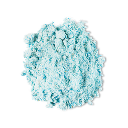 A pile of some light blue powder that has some pieces of Fine Sea Salt running through it, on a white background.