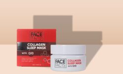 A short cylindrical clear plastic tub full of some clear liquid with a white plastic lid and a white label that has Face Facts Collagen & Q10 Gel Sleep Mask written in bold black writing on it next to a short square white cardboard box that has Face Facts Collagen & Q10 Gel Sleep Mask written in bold black writing on it, on a white background.