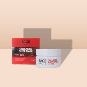 A short cylindrical clear plastic tub full of some clear liquid with a white plastic lid and a white label that has Face Facts Collagen & Q10 Gel Sleep Mask written in bold black writing on it next to a short square white cardboard box that has Face Facts Collagen & Q10 Gel Sleep Mask written in bold black writing on it, on a white background.