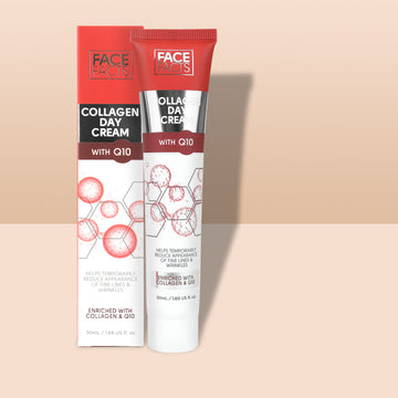 A tall and thin conical white plastic tube with a white plastic lid and a white label that has Face Facts Collagen & Q10 Replenishing Day Cream written in bold black writing on it next to a tall rectangular white cardboard box that has Face Facts Collagen & Q10 Replenishing Day Cream written in bold black writing on it, on a white background.