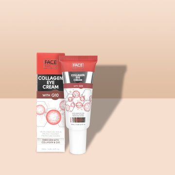 A short and thick conical white plastic tube with a white plastic lid and a white label that has Face Facts Collagen & Q10 Replenishing Eye Cream written in bold black writing on it next to a tall rectangular white cardboard box that has Face Facts Collagen & Q10 Replenishing Eye Cream written in bold black writing on it, on a white background.