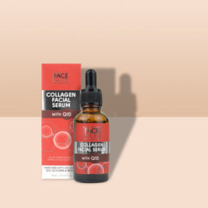 A short cylindrical brown glass bottle with a black rubber pipette lid and a white label that has Face Facts Collagen & Q10 Replenishing Facial Serum written in bold black writing on it next to a tall rectangular white cardboard box that has Face Facts Collagen & Q10 Replenishing Facial Serum written in bold black writing on it, on a white background.