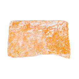 A small bright Orange rectangular block of soap that has some bright white cornflower on top of it, on a white background.
