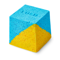 A large light blue cube shaped Bath bomb that has some pieces of Epsom Salt all over it, on a white background.