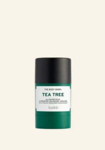 A short cylindrical bright green plastic tube with a bright white label that has The Body Shop Tea Tree All-In-One Stick written in dark green writing on it, on a white background.