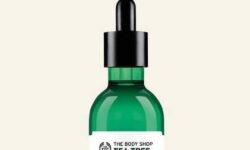 A short cylindrical brown glass bottle with a black rubber pipette lid and a bright white label that has The Body Shop Tea Tree Anti-Imperfection Daily Solution written in dark green writing on it, on a white background.