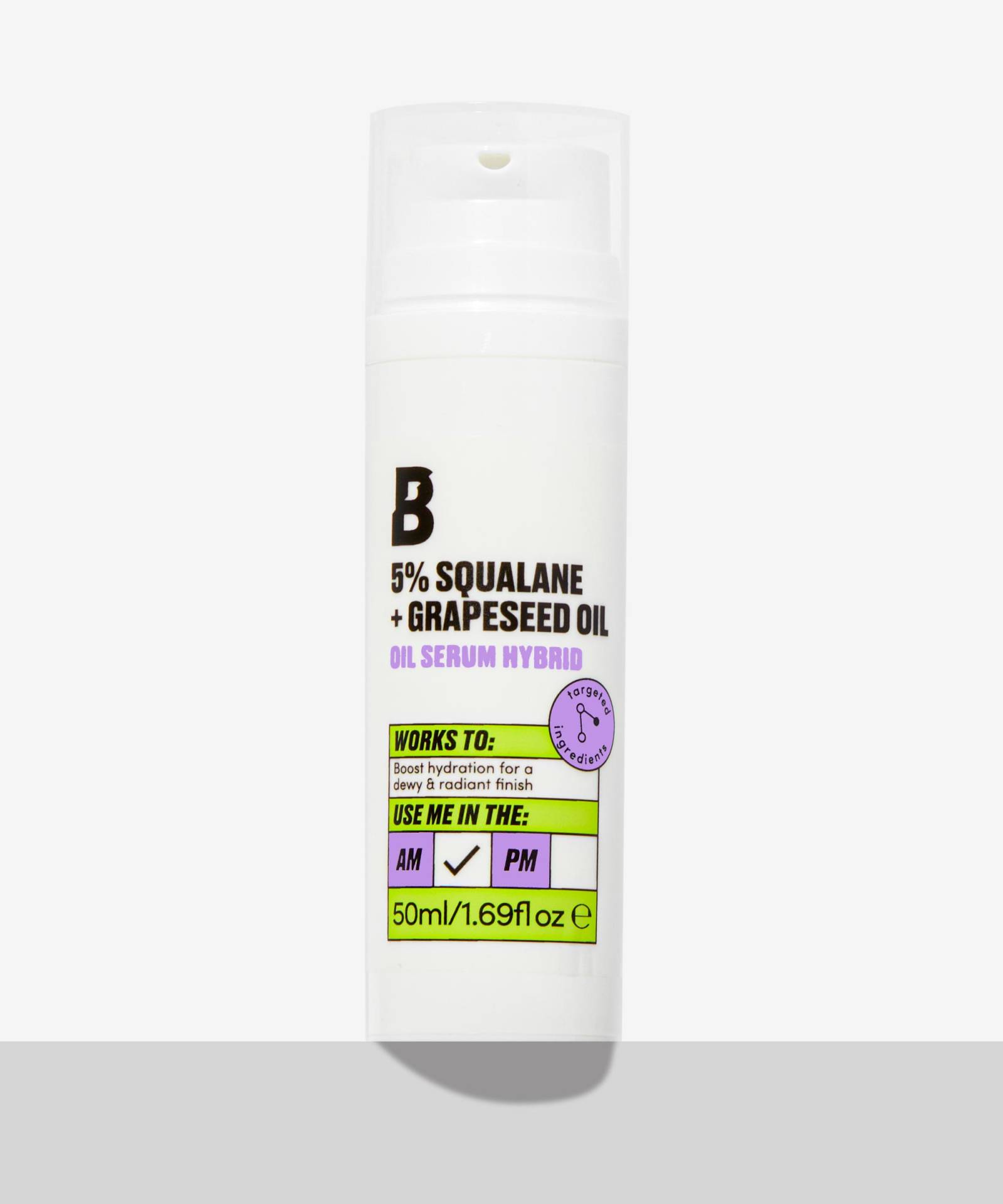 A short cylindrical white plastic Bottle with a clear plastic lid and a white label that has By Beauty Bay written in bold black writing and 5% Squalane + Grapeseed Oil Serum Hybrid written in dark purple writing on it, on a white background.
