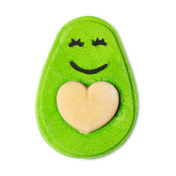 A large bright green avocado shaped bubble bar that has a bright white love heart engraved on it, on a white background.