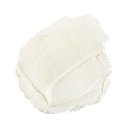 A medium circular puddle of some creamy white moisturiser, on a white background.