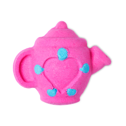 Welcome To The Tea Party, Wanna Be My VIP? | Lush Mother's Day 2023 Range A small bright pink teapot shaped bath bomb that has a heart engraved on it and some bright gold lustre all over it, on a white background.