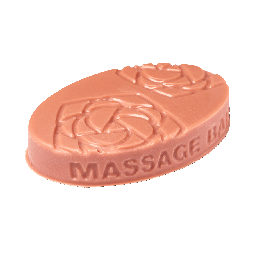 Caught In A Bad Romance | Lush Massage Bar 2023 Range A medium bright pink oval shaped block of solid massage oil that has some petals engraved on it, on a white background.