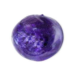 A medium circular puddle of some dark purple shower gel wrapped inside some clear plastic, on a white background.