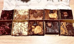 A collection of eight medium rectangular dark brown chocolate brownies next to two medium rectangular pale white blondies inside a large light brown rectangular cardboard box, on a white background.