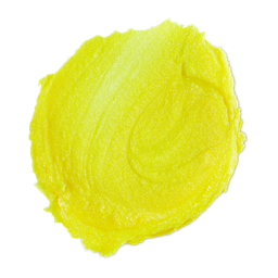 A medium circular puddle of some bright yellow body scrub that has some pieces of ground white rice running through it, on a white background.