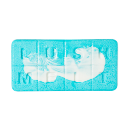 Marvellous Marzipan Magic | Lush Snowcake Soap and Snow Angel Bath Melt A tall rectangular gradient bright blue and white block of wax that has Lush engraved on it, on a white background.