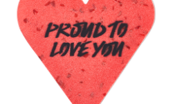 A small bright red heart shaped piece of card that has Proud To Love You written in bold black writing on it, on a white background.