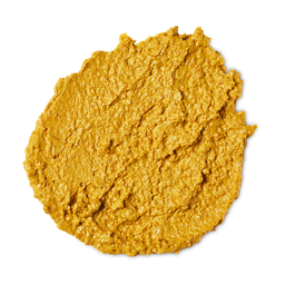 A medium circular puddle of some golden yellow Face Mask, on a white background.